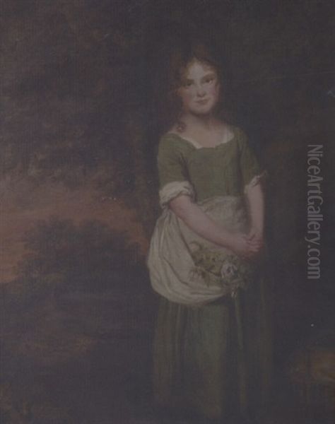 Portrait Of A Young Girl Standing In A Landscape Wearing A Green Dress Oil Painting by Thomas Beach