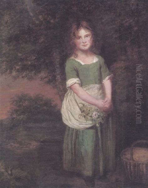 Portrait Of A Young Girl Standing In A Landscape, Wearing A Green Dress, Holding Roses In Her Apron Oil Painting by Thomas Beach