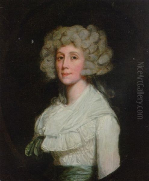 Portrait Of A Lady In A White Dress And Green Sash Oil Painting by Thomas Beach