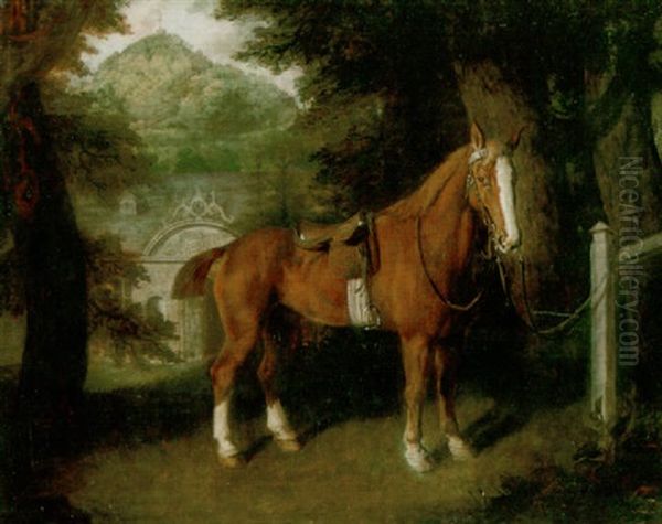 A Saddled Chesnut Hunter Tethered To A Post, The Entrance To Stables Beyond Oil Painting by Thomas Beach