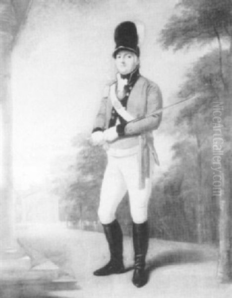 A Portrait Of An Officer Of A Volunteer Regiment,           Full Length Holding A Sword In A Landscape Oil Painting by Thomas Beach