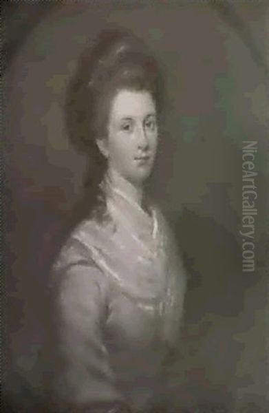 Portrait Of A Lady, Half Length, Wearing A Pale Blue Dress  With White Collar, In A Painted Oval Oil Painting by Thomas Beach