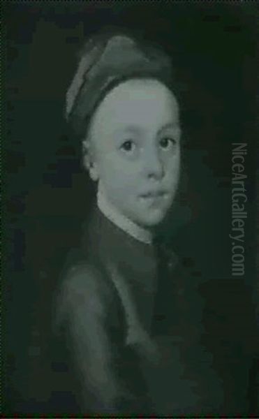 Portrait Of A Young Boy, Bust Length, In A Brown Jacket     And Blue Cap Oil Painting by Thomas Beach