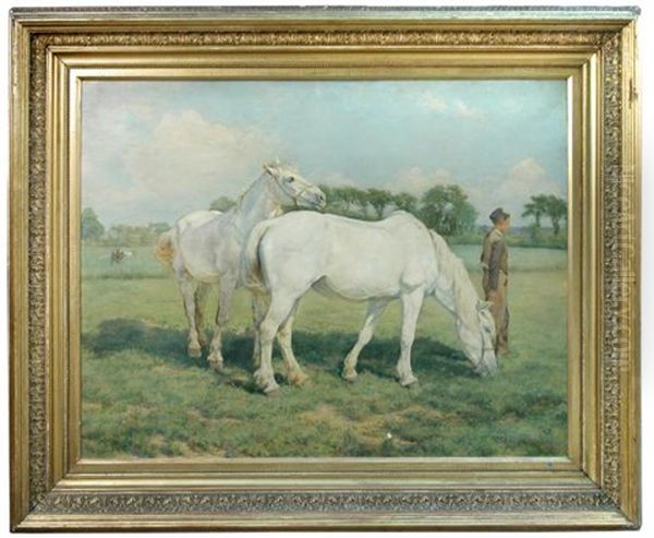 A Horseman Leading Two Grey Cobs In A Meadow Oil Painting by James Prinsep Barnes Beadle