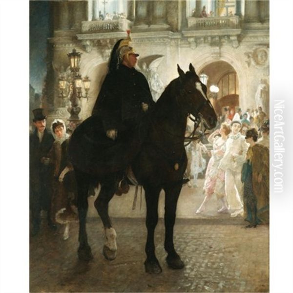 Masquerade Outside The Grand Opera House, Paris, In Carnival Time, Maskers Coming Out From A Ball From The Inside Oil Painting by James Prinsep Barnes Beadle