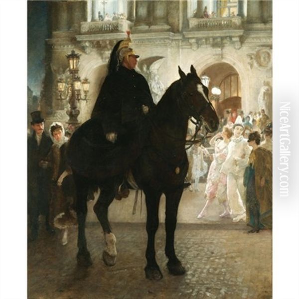 Masquerade Outside The Grand Opera House, Paris, In Carnival Time, Maskers Coming Out From A Ball From The Inside Oil Painting by James Prinsep Barnes Beadle