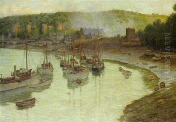 Bade I En Bugt, I Baggrunden Conway Castle, North Wales Oil Painting by James Prinsep Barnes Beadle