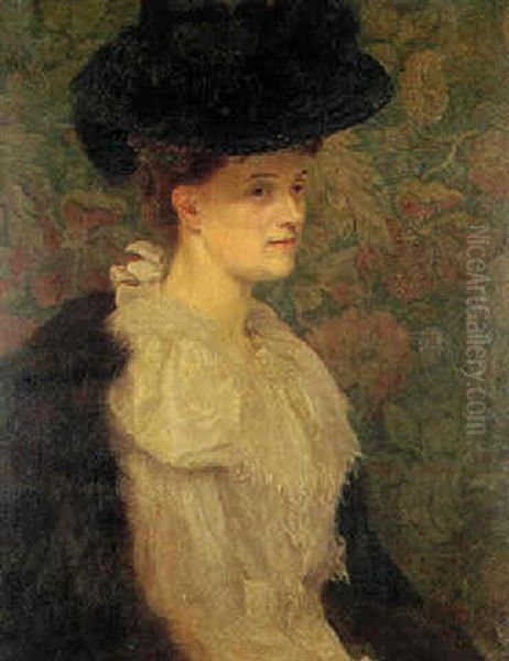 Portrait Of Mrs. Sybil Leyland With Feathered Hat, Seated Before A Floral Screen Oil Painting by James Prinsep Barnes Beadle