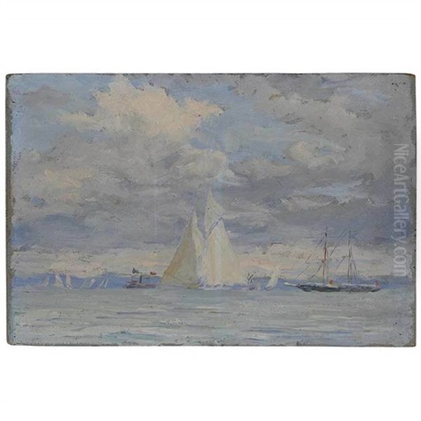 Schooner Yacht Colony Off Larchmont Oil Painting by Reynolds Beal