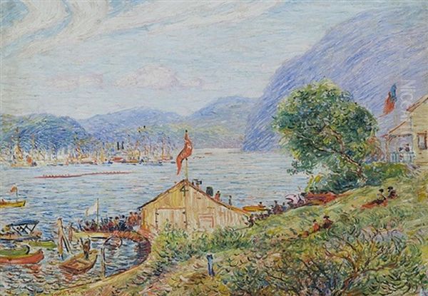 Ivy League Rowing Regatta, Poughkeepsie, Ny, Columbia Boat Club Wins Oil Painting by Reynolds Beal