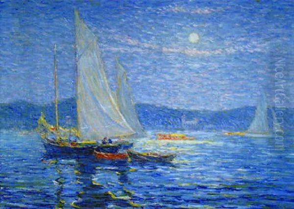 Early Moonlight, Newport Harbor Oil Painting by Reynolds Beal