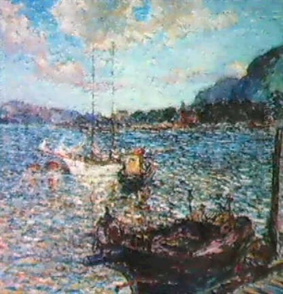 Boats In Harbor Oil Painting by Reynolds Beal