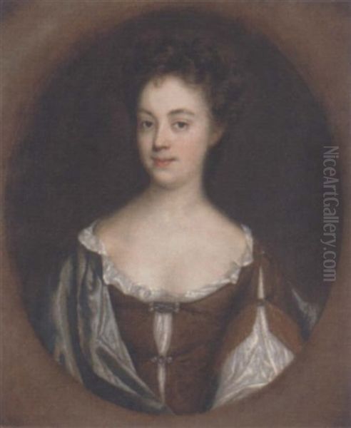 Portrait Of A Lady, Traditionally Identified As Lady Darnell, In A Brown And White Dress, With A Blue Wrap Oil Painting by Charles Beale