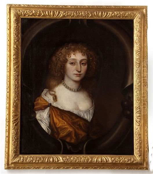 Portrait Of Mrs Giles Keddington In Brown Cartouche With Cornucopia Volutes Oil Painting by Mary Beale