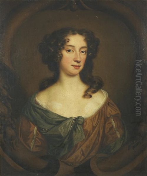 Portrait Of A Lady, Said To Be Miss Weston, Bust-length, In A Gold Dress With A Blue Sash Oil Painting by Mary Beale