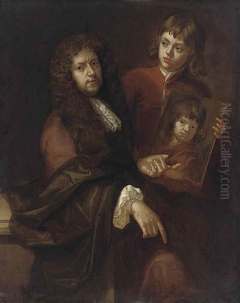 Double Portrait Of A Gentleman And A Young Boy, Possibly The Artist's Husband Charles Beale (1631-1705) And One Of Their Sons, Three-quarter-length, The Former Seated In An Orange Coat With A Brown Wrap Beside A Ledge, The Latter Standing In A Red Coat, H Oil Painting by Mary Beale