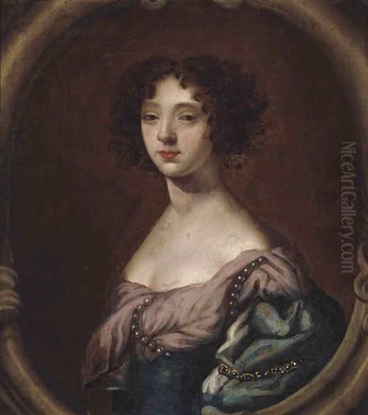 Portrait Of A Lady, Bust-length, In A Blue Dress, In A Sculpted Oval Oil Painting by Mary Beale