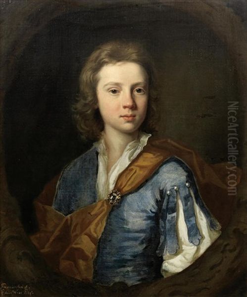 Portrait Of A Boy, Traditionally Identified As Francis Wiat, Bust-length, In A Blue Coat And Brown Sash Oil Painting by Mary Beale