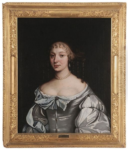 Portrait Of A Woman Wearing At Blue And White Satin Gown Oil Painting by Mary Beale