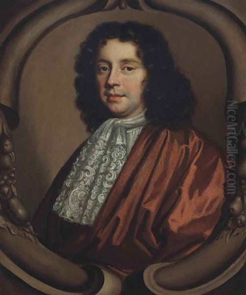 Portrait Of A Gentleman, Bust-length, In A Red Coat And White Lace Stock, In A Sculpted Cartouche Oil Painting by Mary Beale