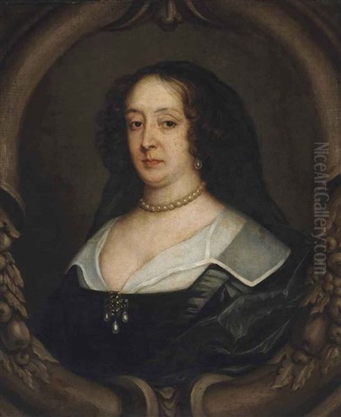 Portrait Of Lady Fanshawe (1625-1680), Bust-length, In A Black Dress And White Collar, Wearing Pearls, In A Sculpted Cartouche Oil Painting by Mary Beale