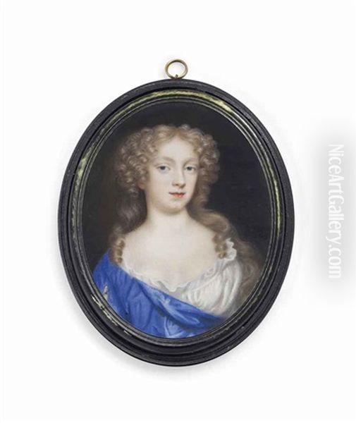 A Young Lady Called Lady Lonsdale, In Loose Blue Off-the-shoulders Dress Over White Shift, Long Curling Fair Hair Oil Painting by Mary Beale