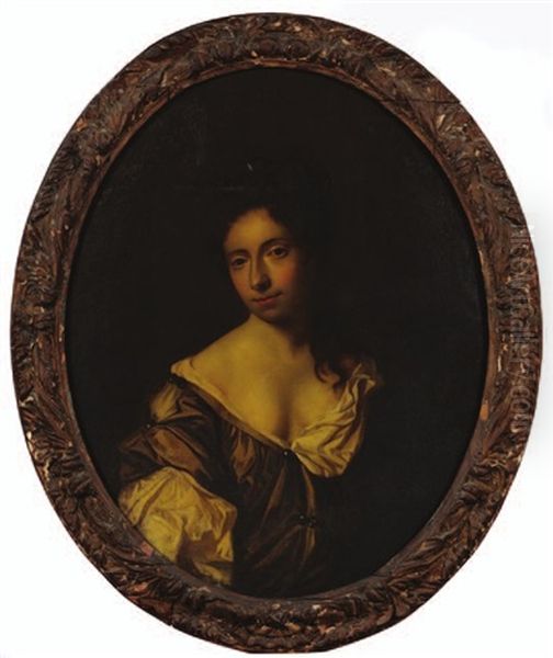 Portrait Of A Lady, Bust-length With Long Dark Hair Wearing A Pale Green And Cream Silk Dress Oil Painting by Mary Beale