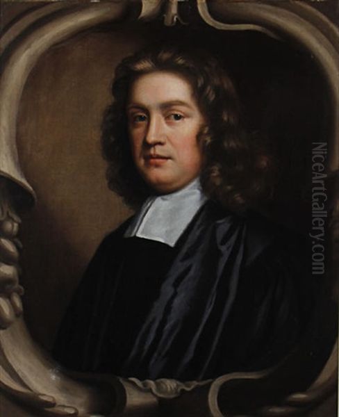 Portrait Of A Gentleman, Traditionally Identified With Reverend John Dobson Of Magdalene College, Oxford, In Clerical Robes, Within A Painted Stone Cartouche Oil Painting by Mary Beale