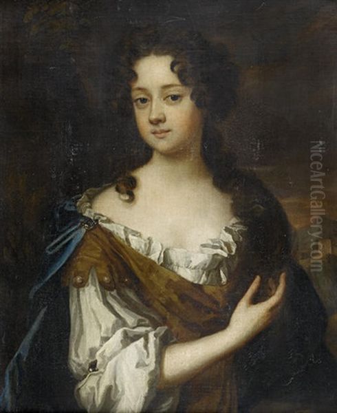 Portrait Of Anne, Countess Of Nottingham In A White Chemise And A Gold And Blue Wrap Oil Painting by Mary Beale