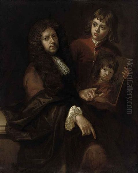 Portrait Of A Gentleman And A Young Boy (the Artist's Husband Charles Beal And One Of Their Sons?) Oil Painting by Mary Beale