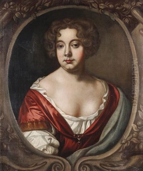 Portrait Of A Lady, Bust-length, In A Red Dress With A White Chemise, In A Painted Stone Cartouche Oil Painting by Mary Beale