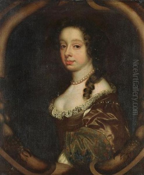 Portrait Of A Woman In A Crimson, Lace-trimmed Dress, With A Pearl Necklace Oil Painting by Mary Beale