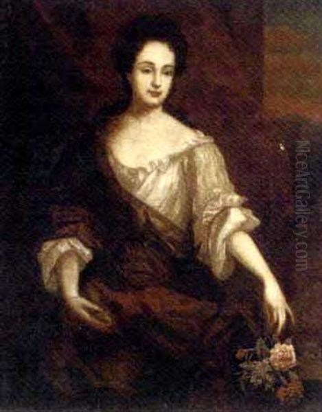 Portrait Of A Lady Wearing A White And Red Dress, Her Left Hand Holding Some Flowers By A Ledge, A Red Curtain And Landscape Beyond Oil Painting by Mary Beale