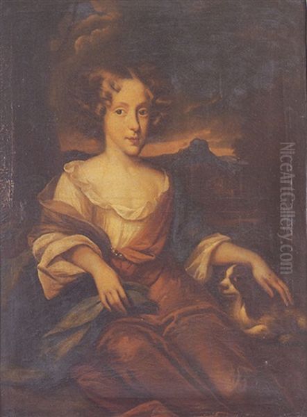 Portrait Of A Young Lady, Seated, In A Red Dress, With A Spaniel Oil Painting by Mary Beale