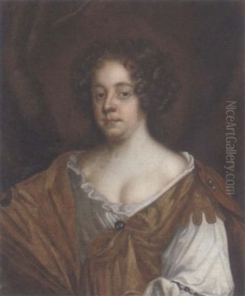 Portrait Of A Lady, Traditionally Identified As Moll Davies, In A Gold And White Dress, A Wood Beyond Oil Painting by Mary Beale