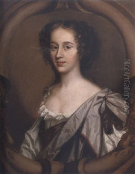 Portrait Of A Lady Wearing A White Dress With A Grey Wrap In A Carved Stone Oval Oil Painting by Mary Beale