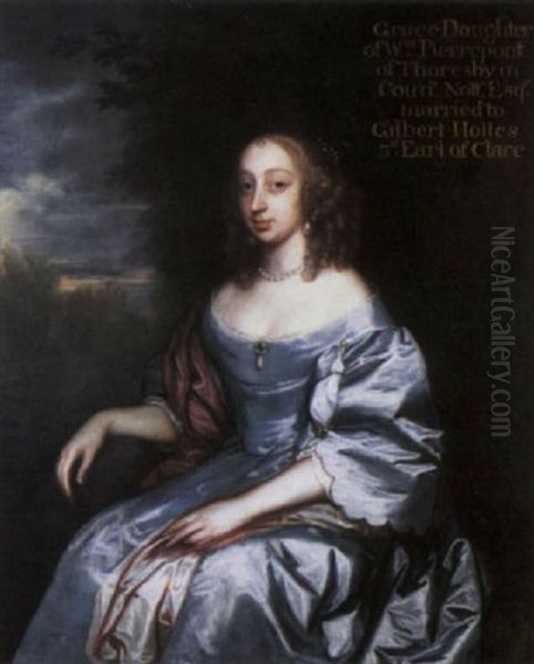 Portrait Of Grace Pierrepont, Countess Of Clare, In A Blue Silk Dress And Red Wrap, In A Landscape Oil Painting by Mary Beale