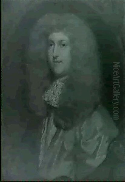 Portrait Of Edmund Lord Hobart, Bust Length, Wearing A      Gold Satin Cloak And A White Cravat, In A Painted Cartouche Oil Painting by Mary Beale