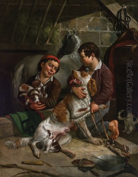 Dog And Her Puppies Oil Painting by James Henry Beard