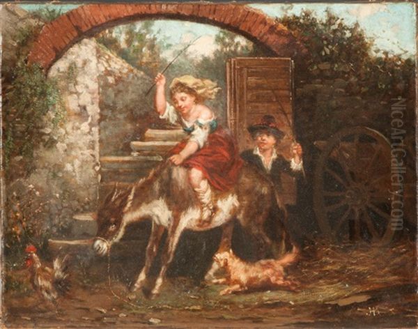 Children Riding Mule Oil Painting by James Henry Beard