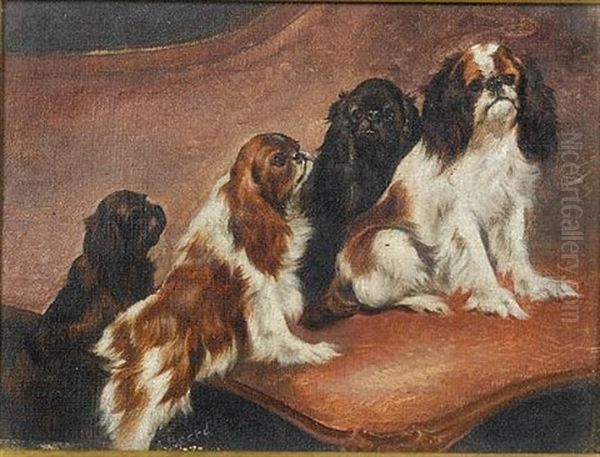 King Charles Spaniels In An Interior (+ Another, Oil On Panel; Pair) Oil Painting by James Henry Beard