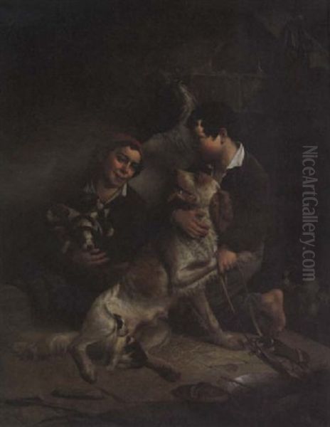 A Dog And Her Puppies Oil Painting by James Henry Beard