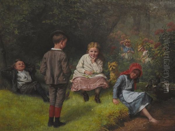 Children Playing In A Forest Oil Painting by William Holbrook Beard