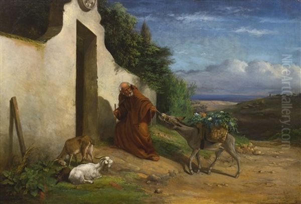 Monk Pulling Donkey Laden With Baskets Of Vegetables Oil Painting by William Holbrook Beard