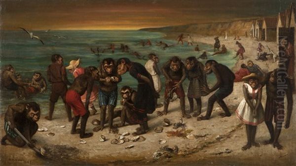 Anthropomorphized Monkeys At The Beach Oil Painting by William Holbrook Beard