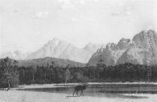 Cerf Pres D'un Lac Oil Painting by William Holbrook Beard