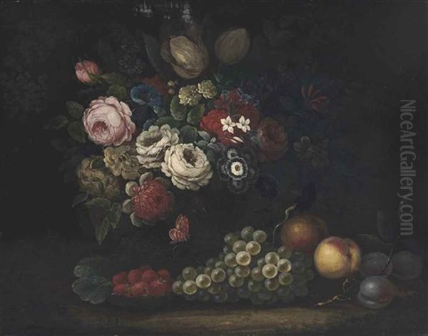 Roses, Tulips, Honeysuckle, Delphinium, Convolvulus In An Urn With Grapes, Peaches, Plums, Strawberries And A Butterfly Oil Painting by William Beardmore