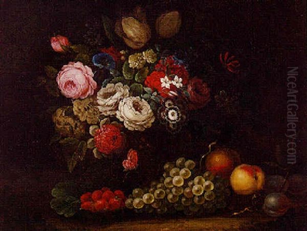 Roses, Tulips And Other Flowers In An Urn, With Fruits And A Butterfly Oil Painting by William Beardmore