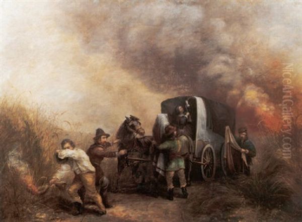 Covered Wagon On The Prairie On Fire Oil Painting by Jefferson Beardsley