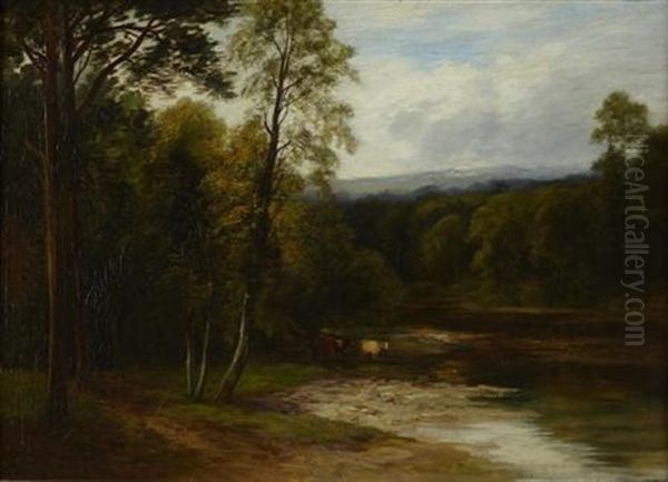 Cattle In A Wooded River Landscape Oil Painting by William Beattie-Brown